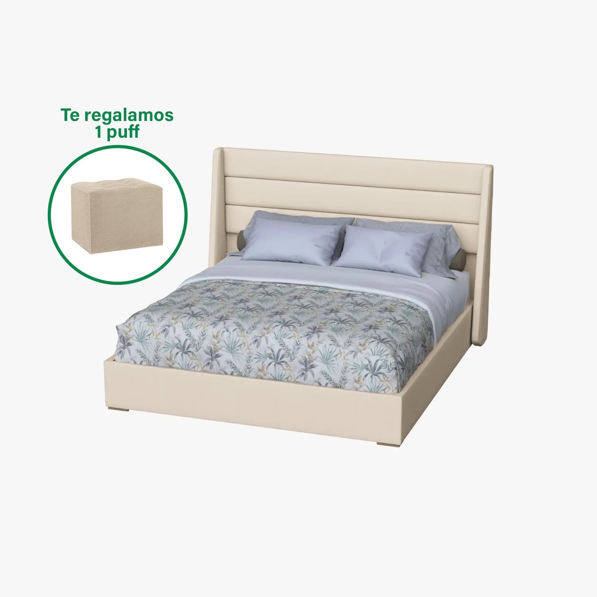 MUEBLES MACRUMO - Cama tapizada Estocolmo King 2 tarimas - Color Beige Tela antifluido + puff gratis