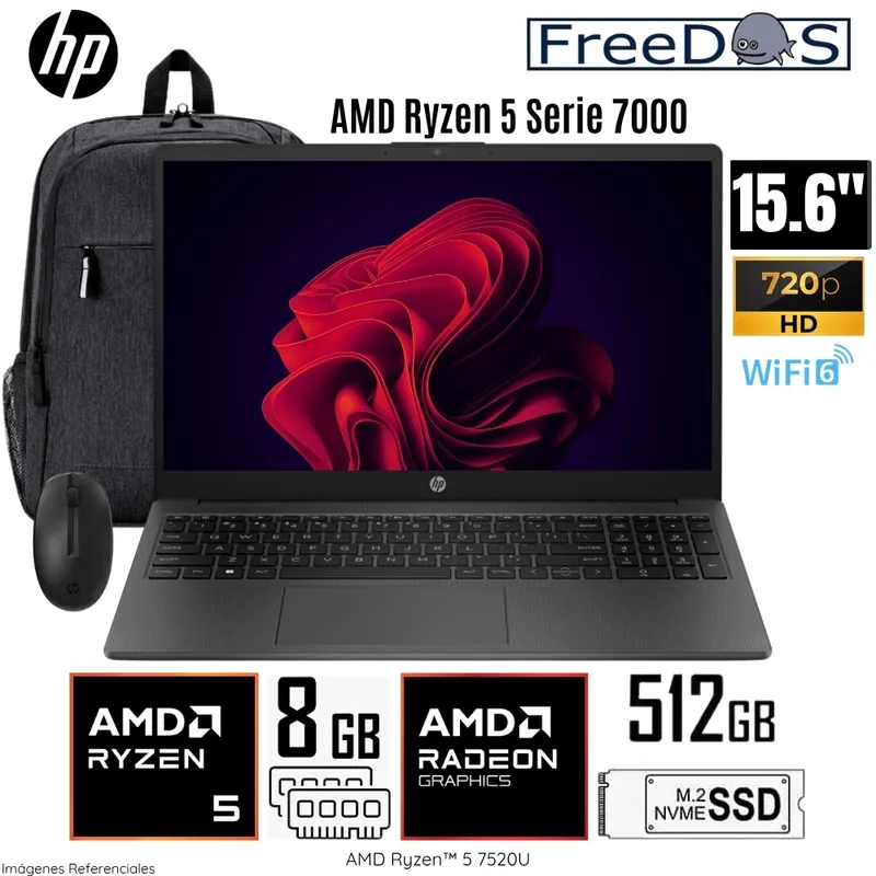 HP - Laptop HP 255 G10 AMD Ryzen 5-7520U 8GB RAM 512GB SSD 15.6"  HD Free Dos Mochila y Mouse HP - A12HBLT