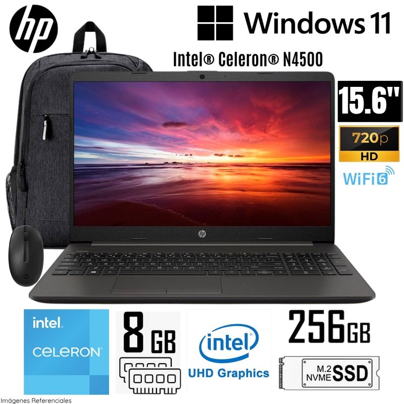 HP - Laptop HP 250 G9 Intel Celeron N4500 8GB RAM 256GB SSD 15.6"  HD + Mochila y Mouse - A12FJLA