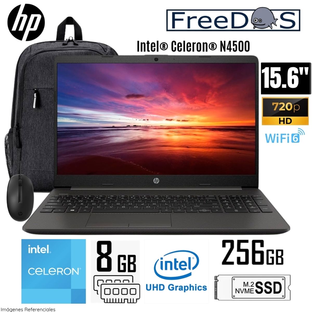 HP - Laptop HP 250 G9 Intel Celeron N4500 8GB RAM 256GB SSD 15.6"  HD Free Dos Mochila y Mouse - A12FJLA