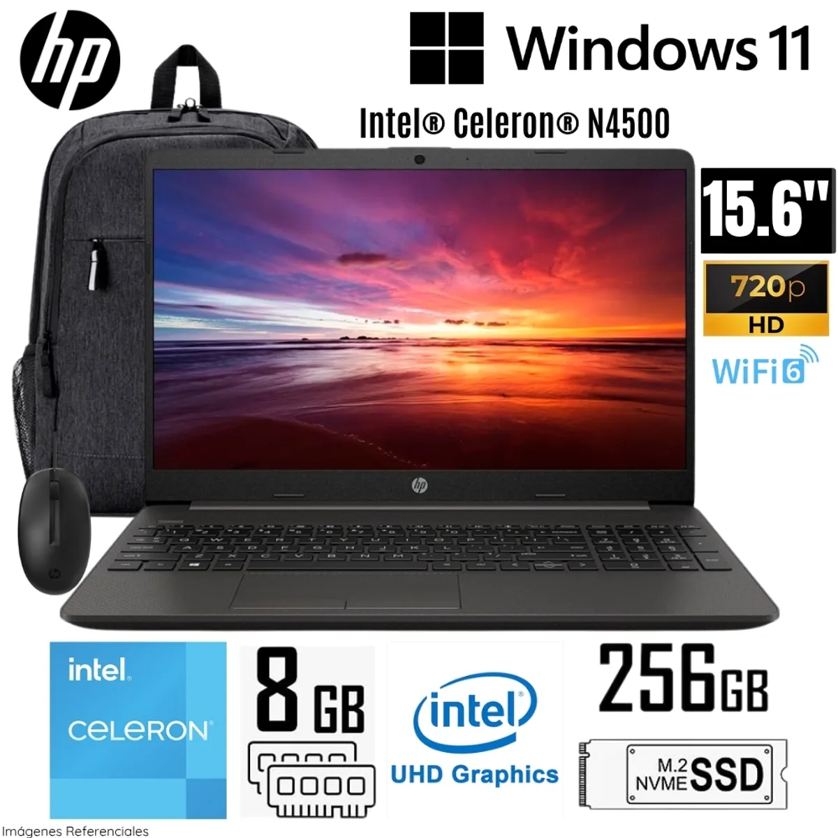 HP - Laptop HP 250 G9 Intel Celeron N4500 8GB RAM 256GB SSD 15.6"  HD + Mochila y Mouse - A12FJLA