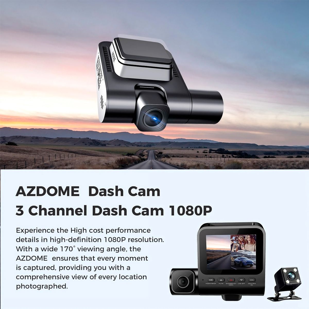 GENERICO - Dash Cam Azdome V600-3CH Cámara Para Automóvil Full Hd