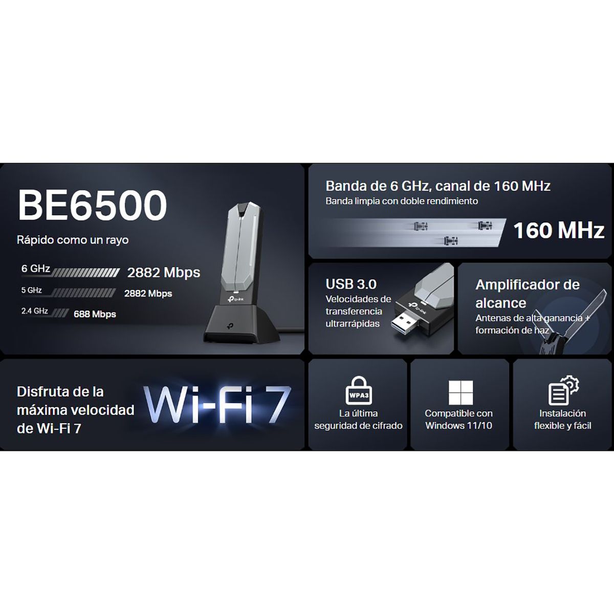 TP LINK - Archer TBE400UH BE6500 Wi-Fi 7 Adaptador USB Inalámbrico Triple Banda