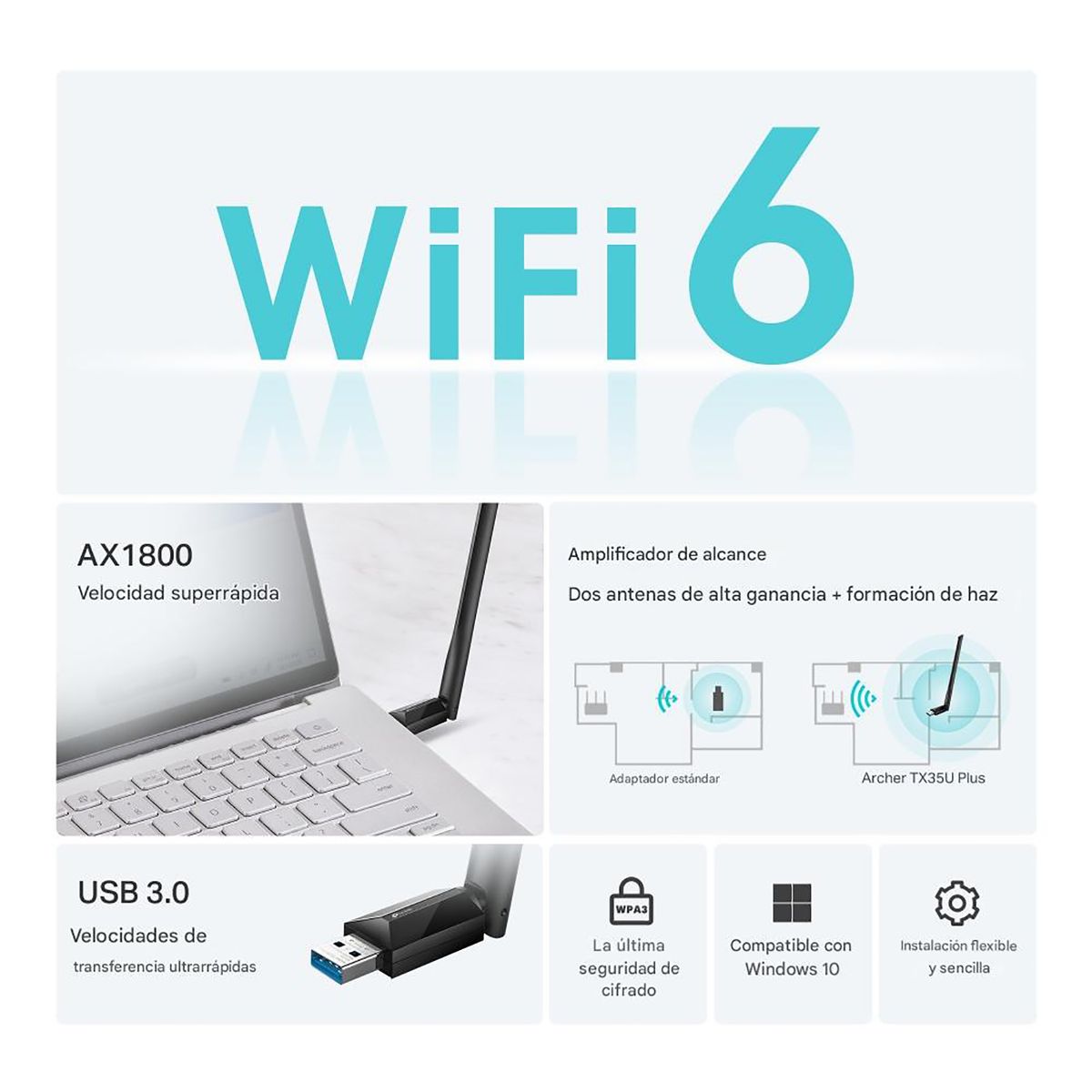 TP LINK - Archer TX35U Plus AX1800 Wi-Fi 7 Adaptador USB Inalámbrico Doble Banda