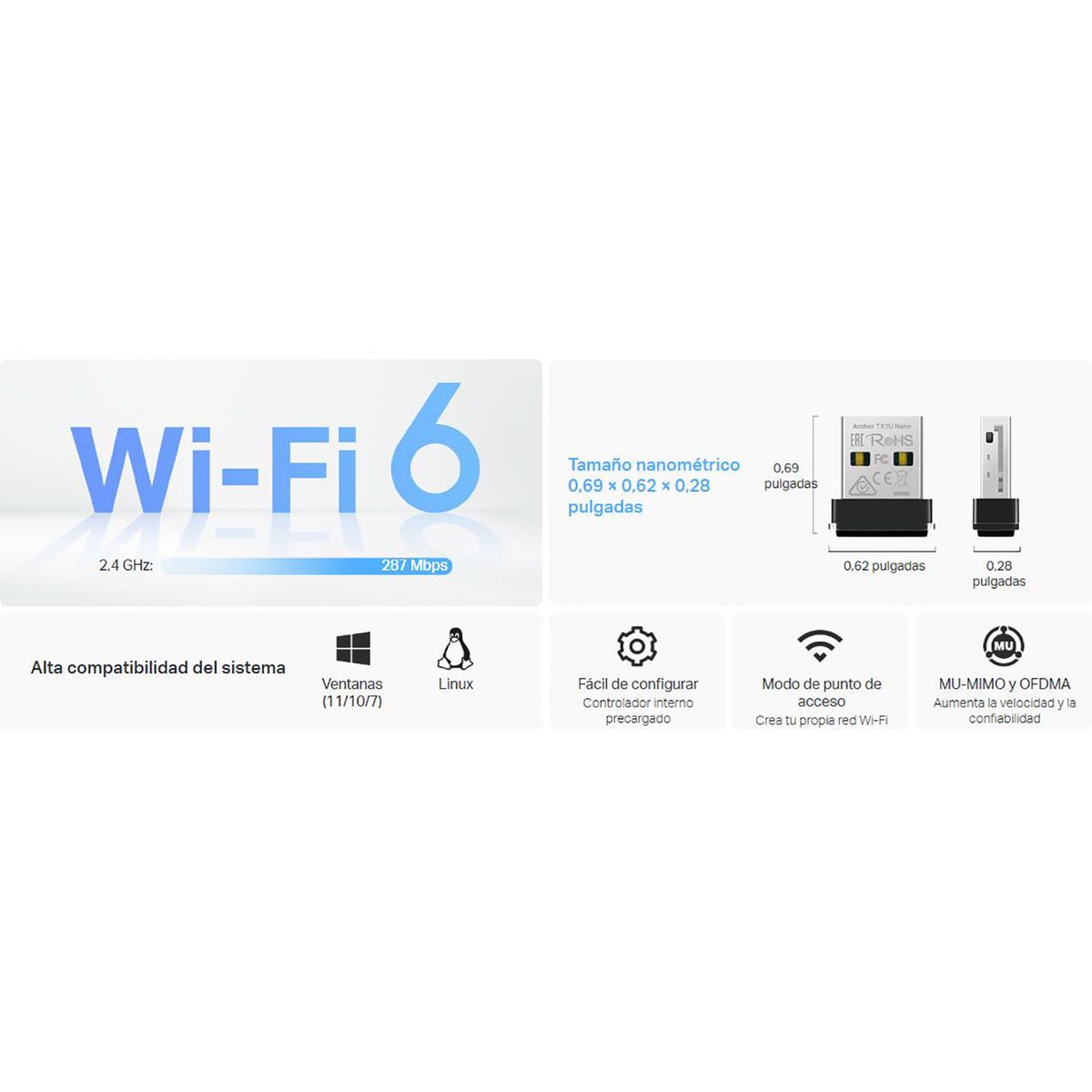 TP LINK - TP-LINK Archer TX1U Nano AX300 Nano Wi-Fi 6 Adaptador USB Inalámbrico