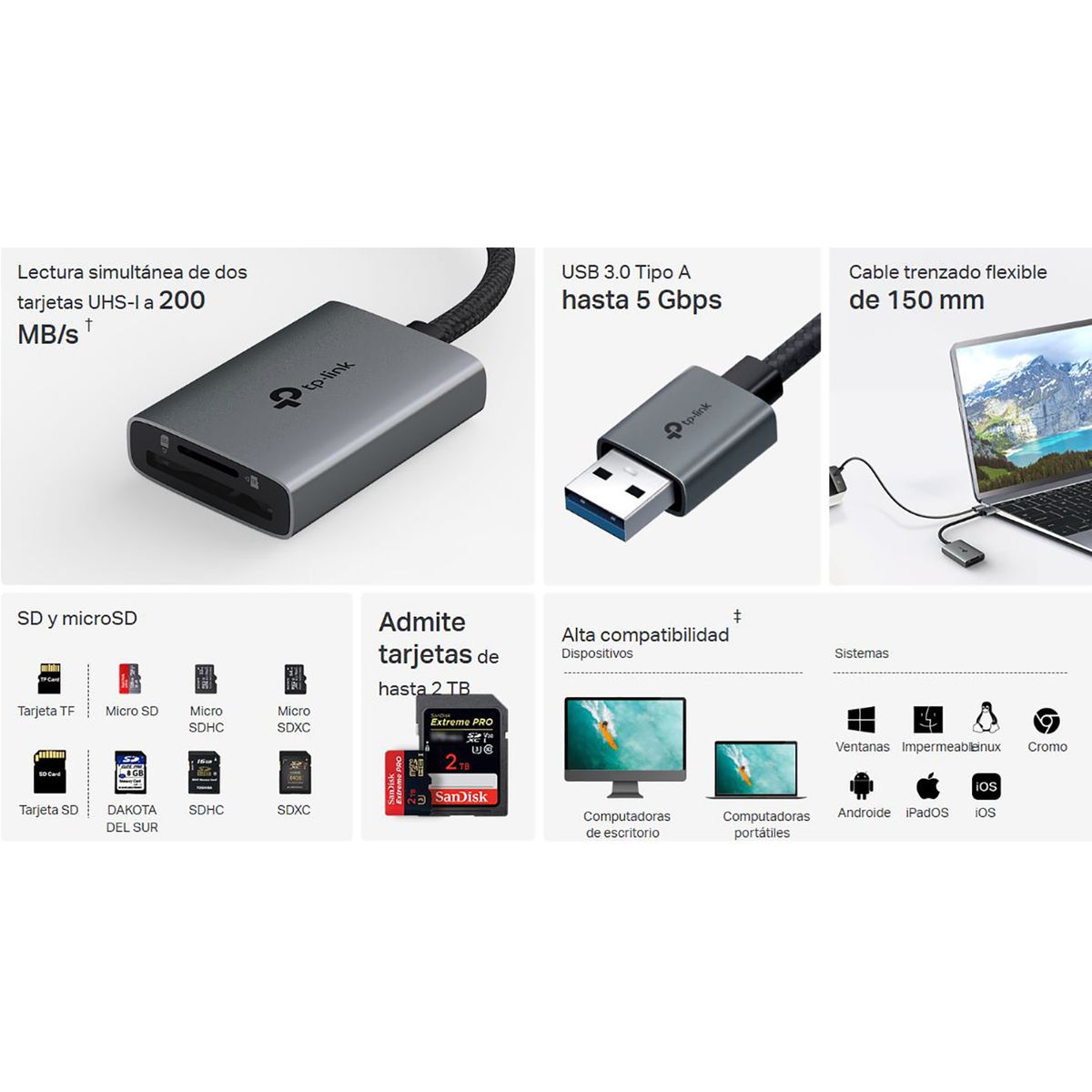 TP LINK - TP-LINK UA430 USB 3.0 Tipo-A a SD y microSD 3.0 Lector de tarjetas