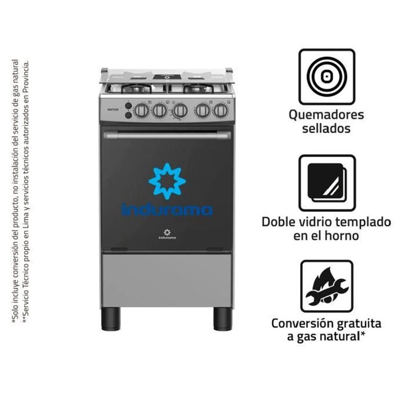 INDURAMA - COCINA GAS INDURAMA MATISSE 20 CROMA 4 HORNILLAS