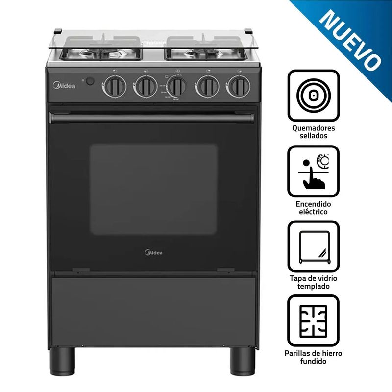 MIDEA - Cocina a Gas Midea 24" MGS24FS2LFABBC-PE 4 Quemadores – Color Negro