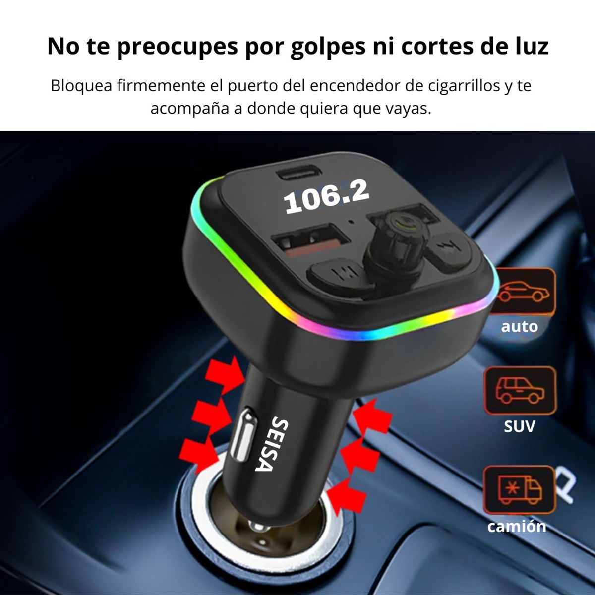 SEISA - Transmisor FM Bluetooth para Auto con Carga Rápida PD QC y Luces LED