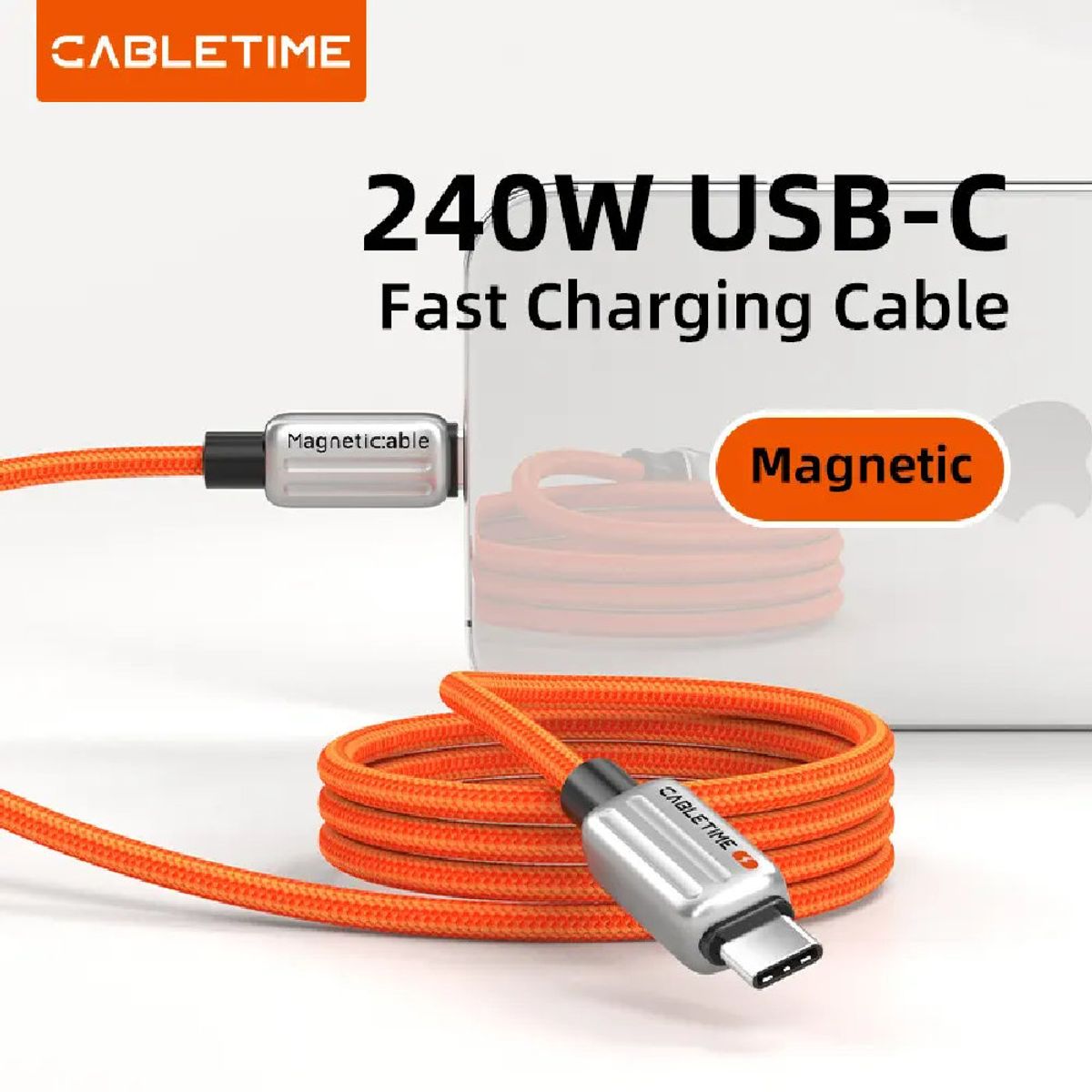 GENERICO - Cable USB-C magnético 240W de 2M Naranja CABLETIME CU06L