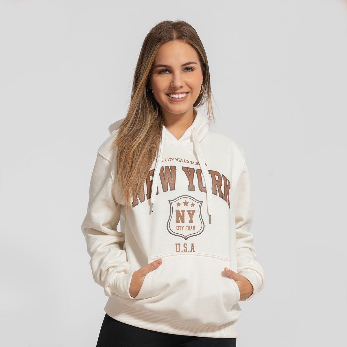 GENERICO - Polera hoddie de algodón afranelado new york crema Arcoi