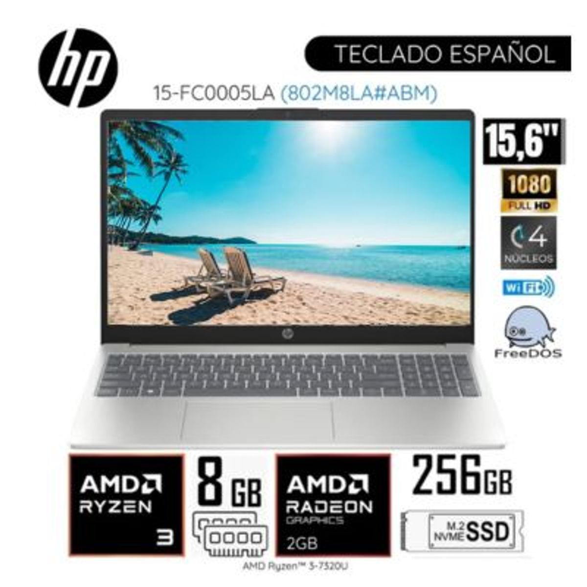HP - Laptop HP 15-FC0005LA AMD Ryzen 3-7320U 8GB RAM 256GB SSD 156 FHD Natural Silver Free Dos