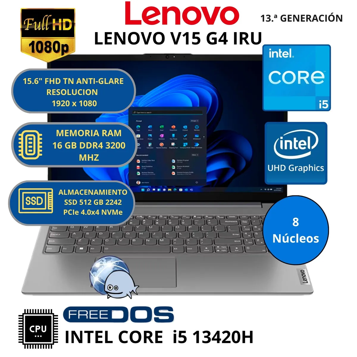 LENOVO - Laptop Lenovo V15 G4 IRU INTEL CORE i5-RAM 16GB SSD 512 GB  GRAPHICS 15.6" FHD
