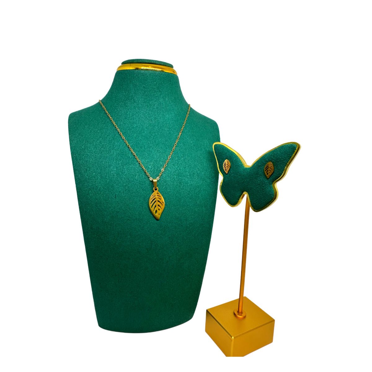 GENERICO - Pack Acero Collar con dije y Aretes - Hoja Arbol Dorado