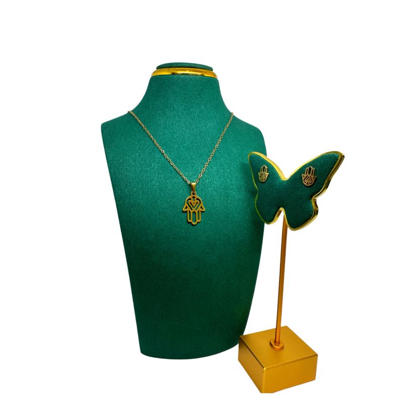 GENERICO - Pack Acero Collar con dije y Aretes - Mano Protectora Heart Dorado