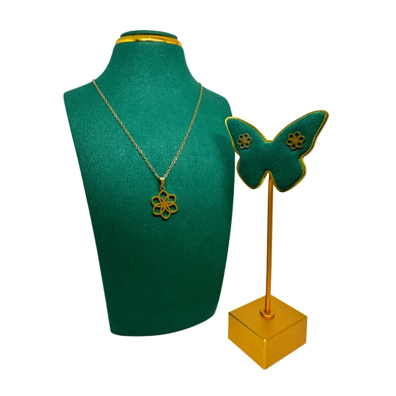 GENERICO - Pack Acero Collar con dije y Aretes - Silueta Flor Dorado