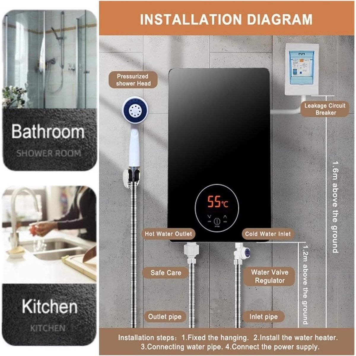 ANYHOGAR - Calentador De Agua Electrico Instantáneo Cocina Baño 6000w