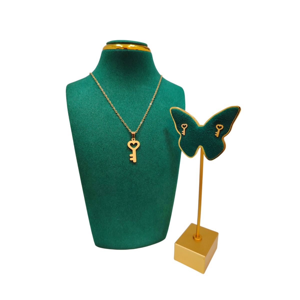 GENERICO - Pack Acero Collar con dije y Aretes - Llave & Corazon Dorado