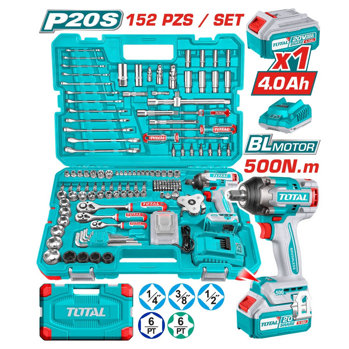 TOTAL TOOLS - Llave de impacto 500nm + 152 herramientas Total