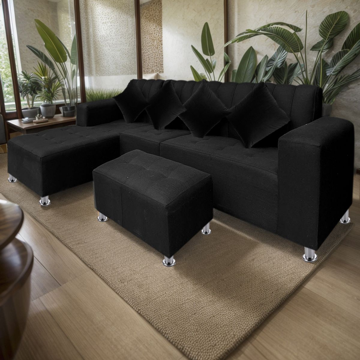 MOVENDA - Sofá Seccional Bremen 4 Cuerpos con Puff Negro Movenda