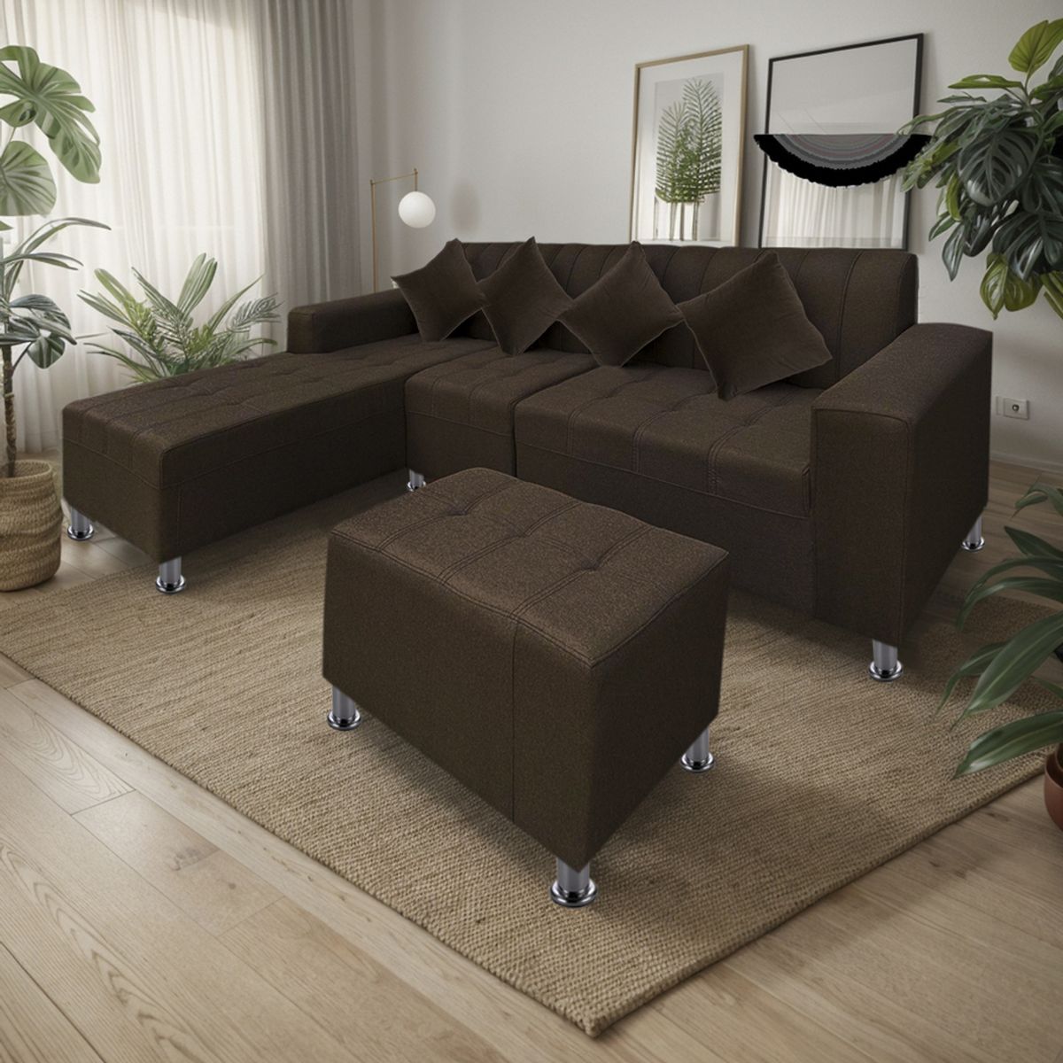 MOVENDA - Sofá Seccional Bremen 4 Cuerpos con Puff Marron Movenda