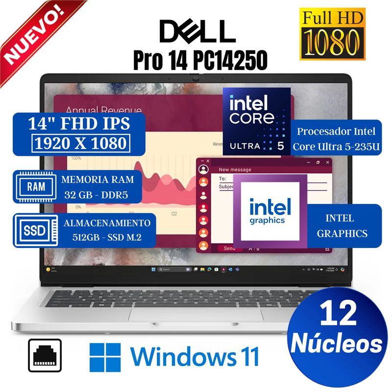 DELL - Laptop DELL Pro 14 PC14250 14" FHD IPS, Core Ultra 5-235U, Ram 32GB, Ssd 512GB, Win 11 Pro