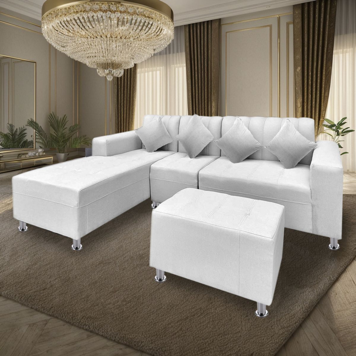 MOVENDA - Sofá Seccional Bremen 4 Cuerpos con Puff Blanco Movenda