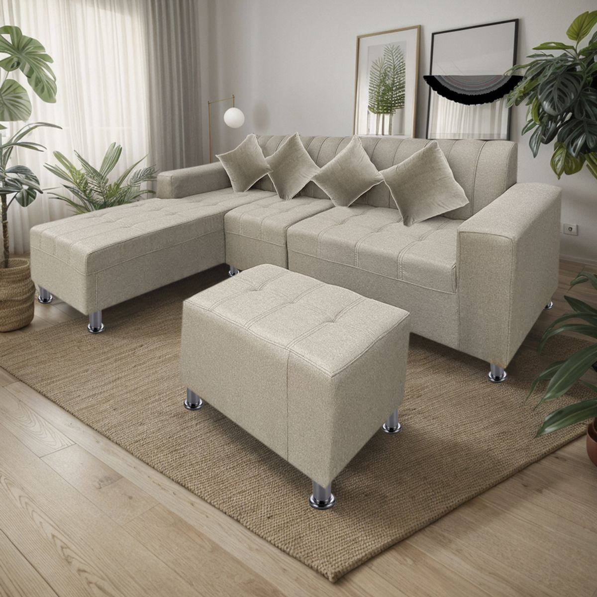 MOVENDA - Sofá Seccional Bremen 4 Cuerpos con Puff Beige Movenda