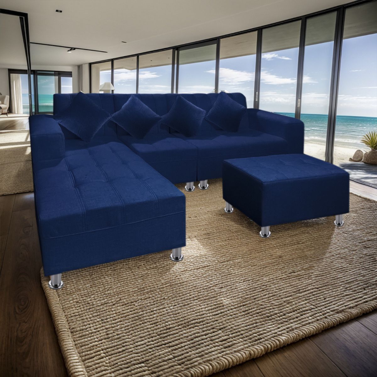 MOVENDA - Sofá Seccional Bremen 4 Cuerpos con Puff Azul Movenda