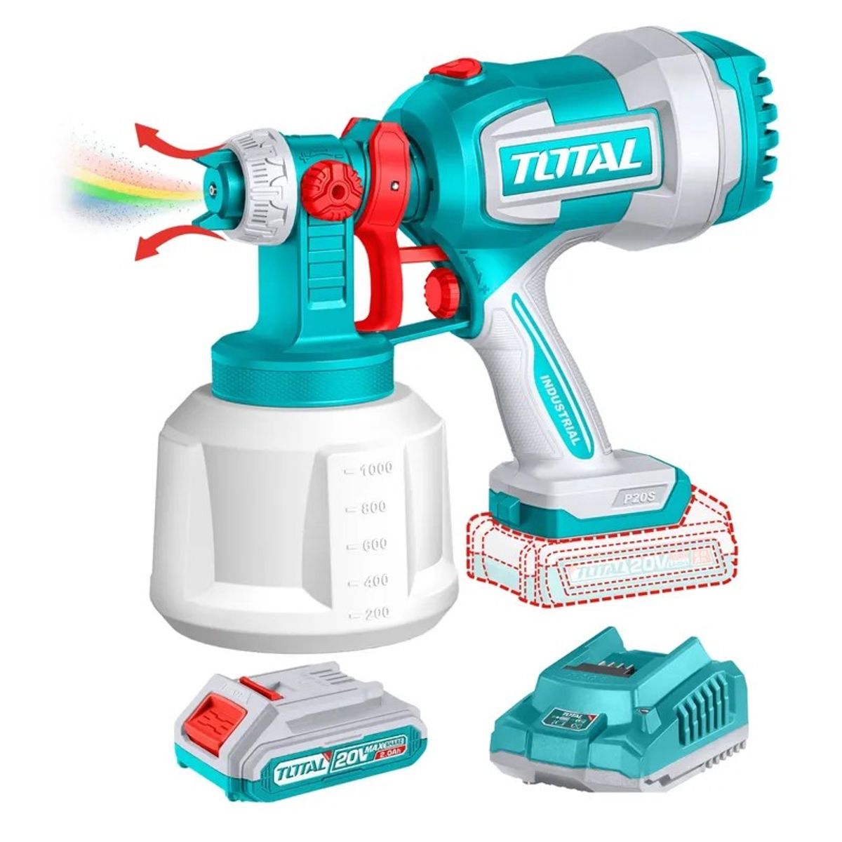 TOTAL TOOLS - Pistola para pintar de 1000ml 20v + batería + cargador Total