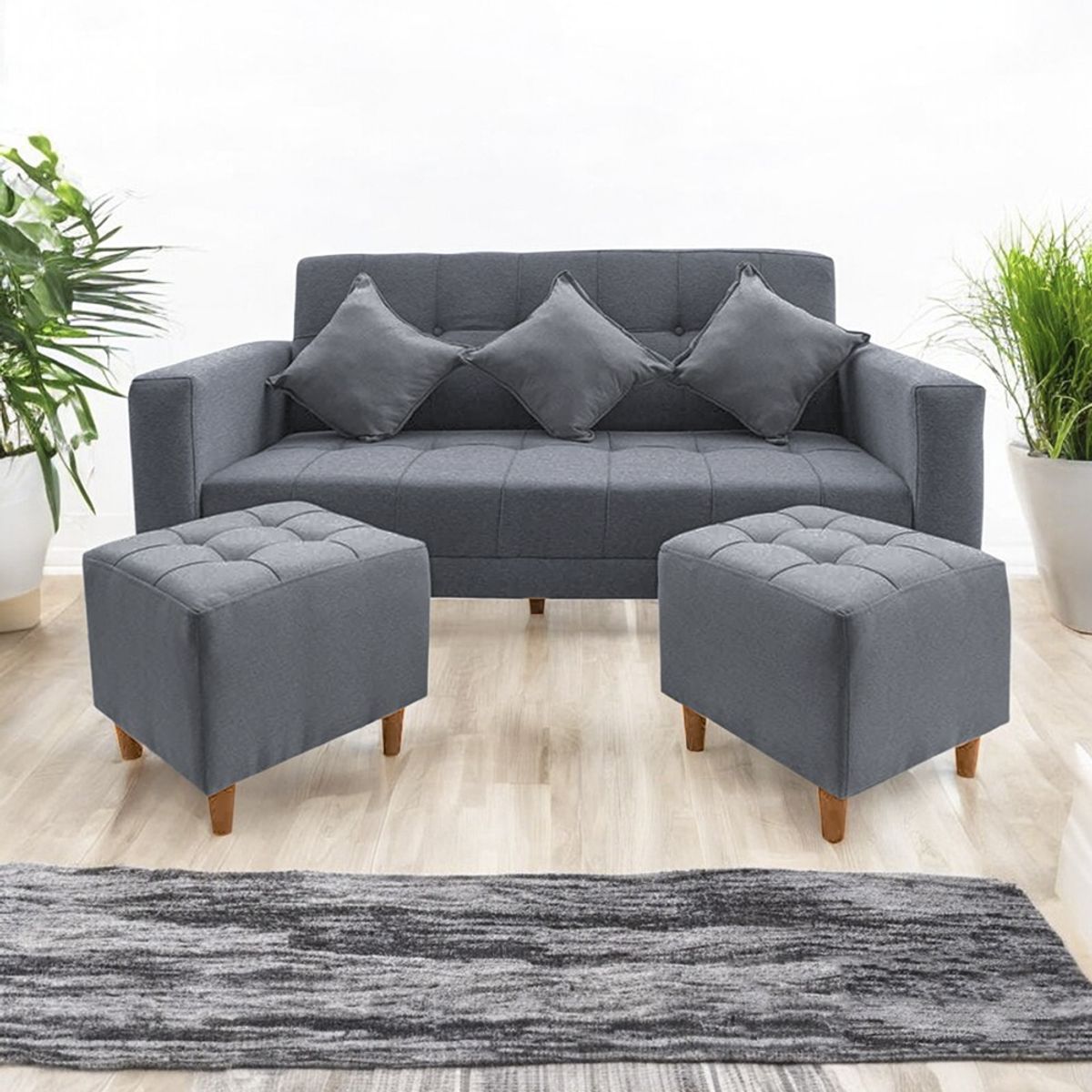 MOVENDA - Sofá Bonn 3 Cuerpos con 2 Puffs Plomo Movenda