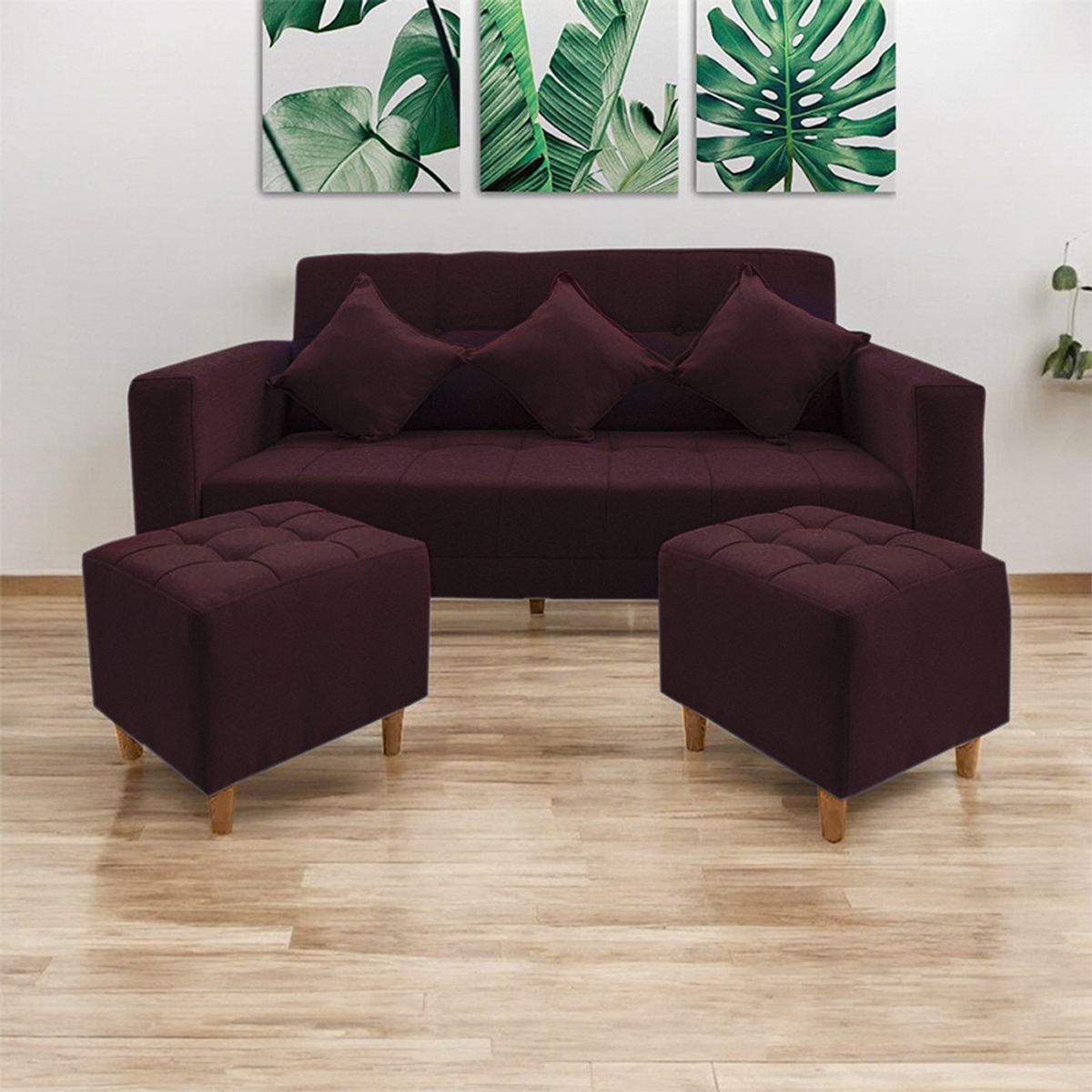 MOVENDA - Sofá Bonn 3 Cuerpos con 2 Puffs Vino Movenda