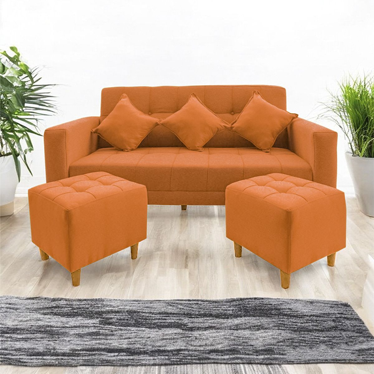 MOVENDA - Sofá Bonn 3 Cuerpos con 2 Puffs Naranja Movenda
