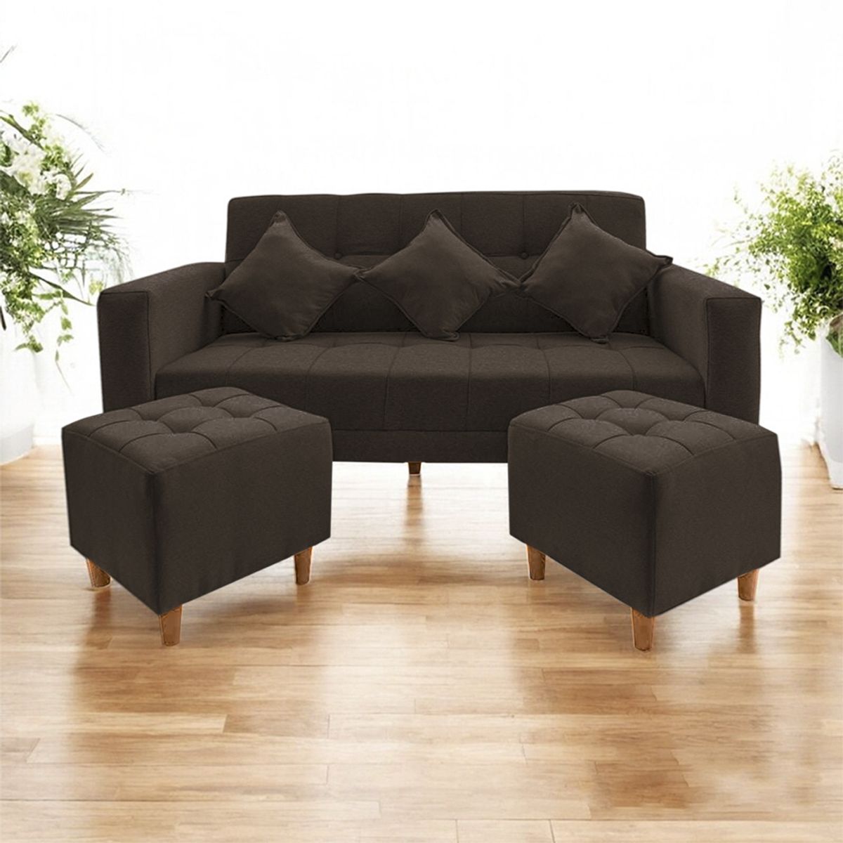 MOVENDA - Sofá Bonn 3 Cuerpos con 2 Puffs Marron Movenda