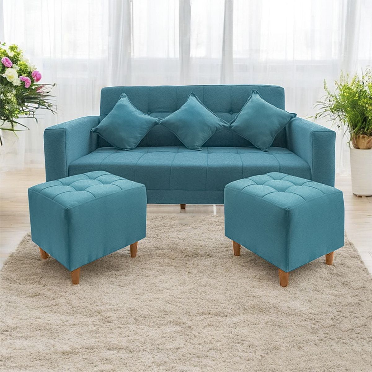 MOVENDA - Sofá Bonn 3 Cuerpos con 2 Puffs Celeste Movenda