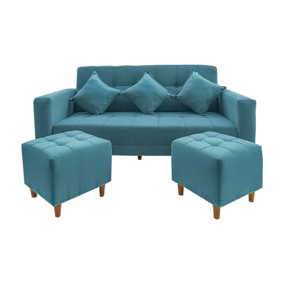MOVENDA - Sofá Bonn 3 Cuerpos con 2 Puffs Celeste Movenda