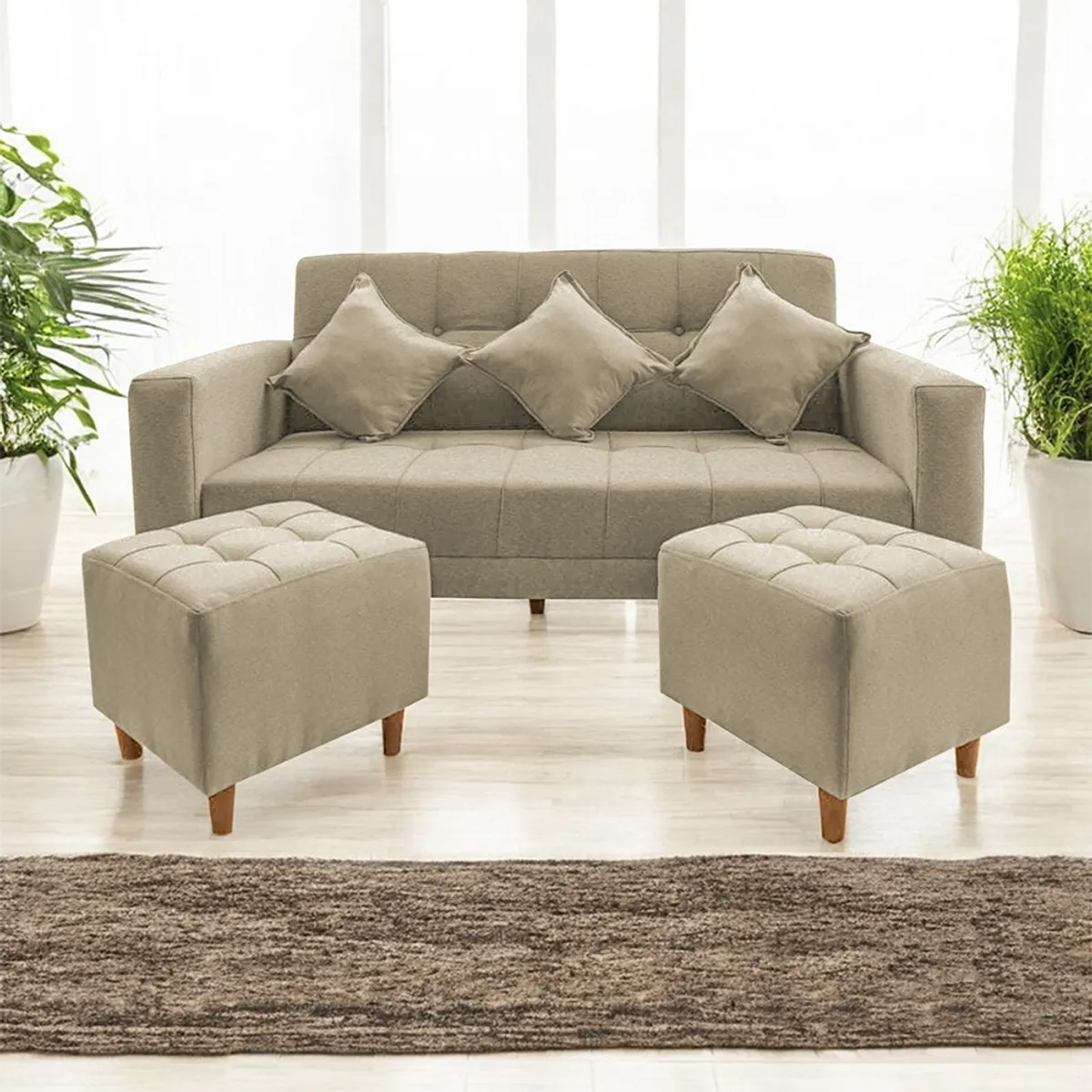 MOVENDA - Sofá Bonn 3 Cuerpos con 2 Puffs Beige Movenda