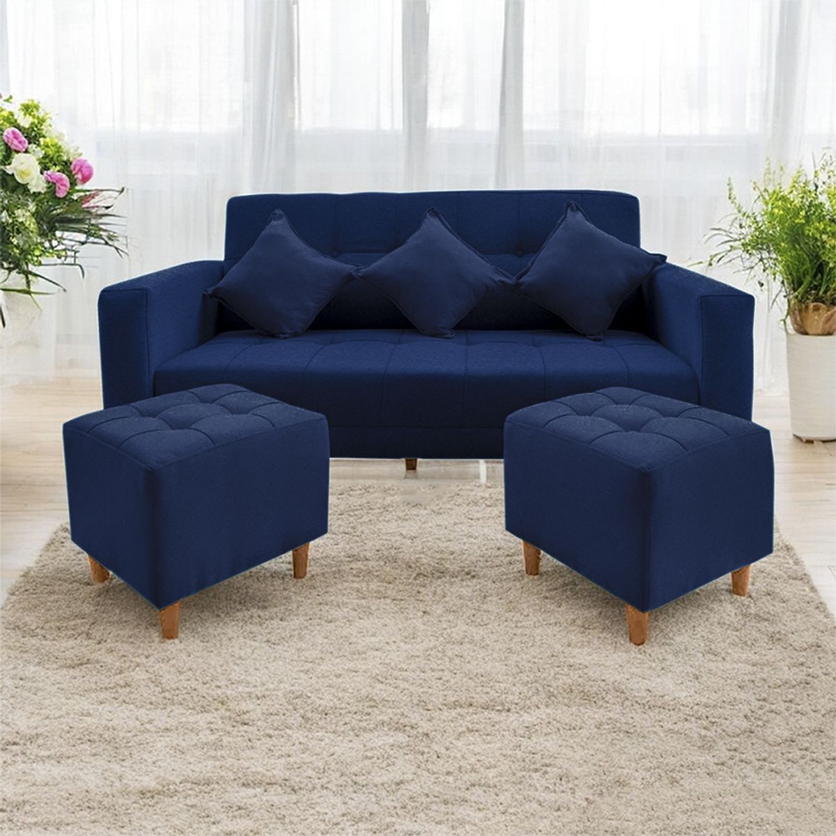 MOVENDA - Sofá Bonn 3 Cuerpos con 2 Puffs Azul Movenda