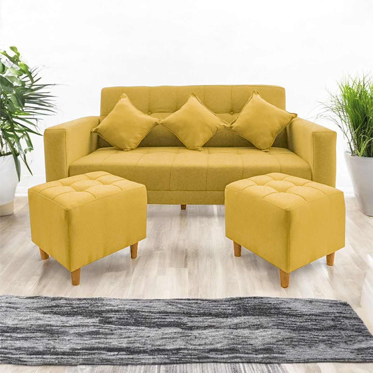 MOVENDA - Sofá Bonn 3 Cuerpos con 2 Puffs Amarillo Movenda