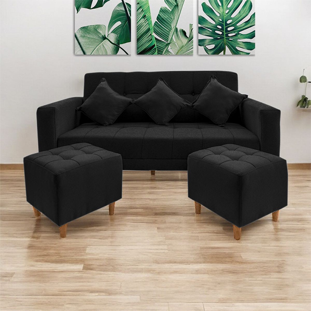 MOVENDA - Sofá Bonn 3 Cuerpos con 2 Puffs Negro Movenda