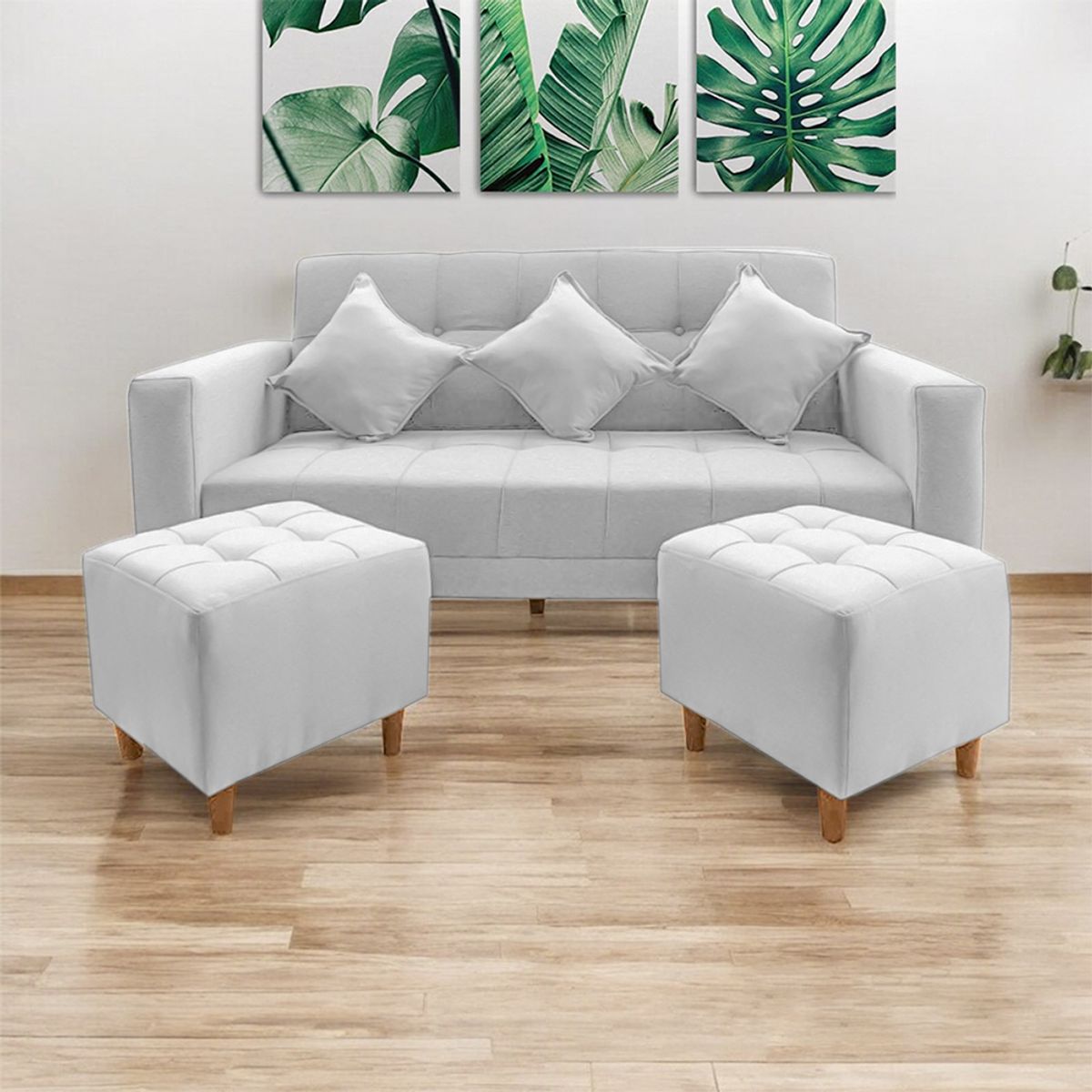 MOVENDA - Sofá Bonn 3 Cuerpos con 2 Puffs Blanco Movenda