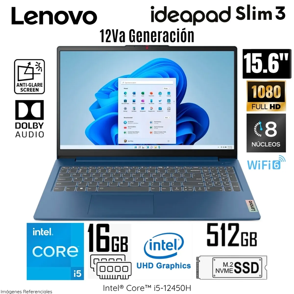 LENOVO - Laptop Lenovo IdeaPad Slim 3 Intel Core i5-12450H 16GB DDR5 RAM 512GB SSD 15.6"  FHD - 83ER001DLM