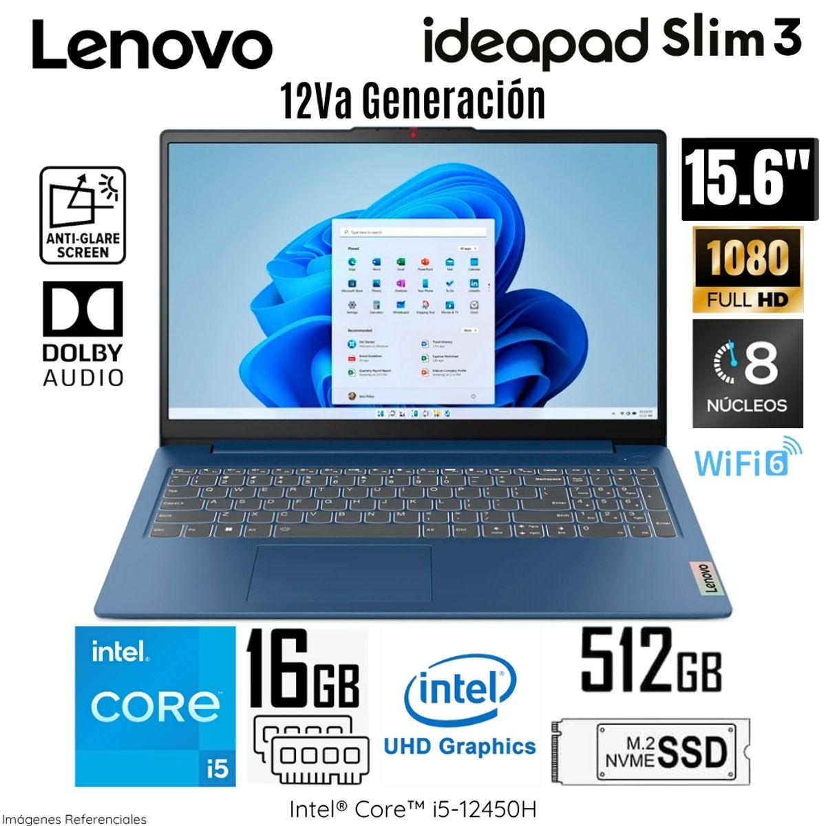 LENOVO - Laptop Lenovo IdeaPad Slim 3 Intel Core i5-12450H 16GB DDR5 RAM 512GB SSD 15.6" FHD - 83ER001DLM