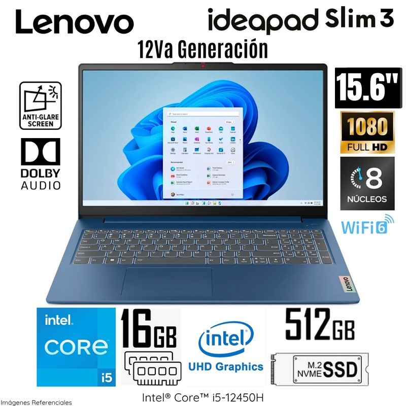 LENOVO - Laptop Lenovo IdeaPad Slim 3 Intel Core i5-12450H 16GB DDR5 RAM 512GB SSD 15.6" FHD - 83ER001DLM
