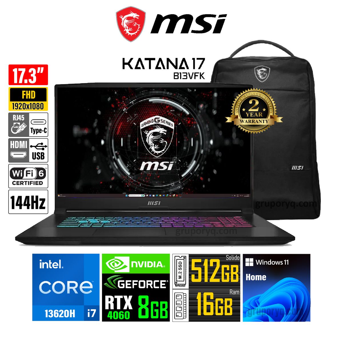 MSI - Laptop MSI KATANA17 Intel Core i7-13620H RAM 16GB SSD 512GB 17.3" FHD 144HZ RTX 4060 8GB