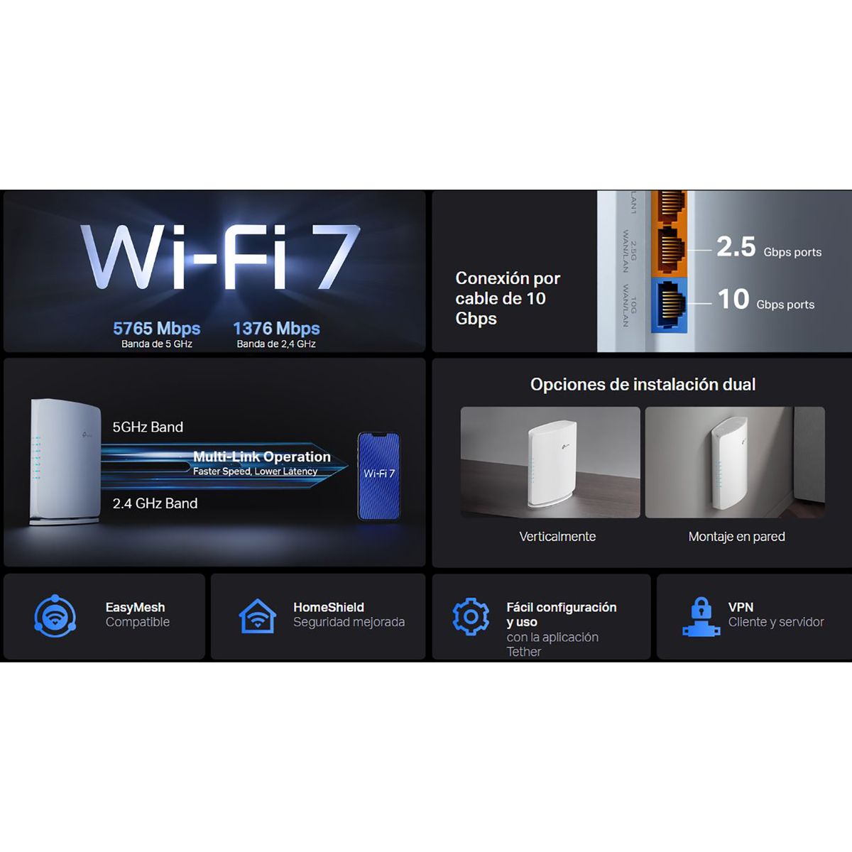 TP LINK - TP-LINK Archer BE450 BE7200 Router Doble Banda Wi-Fi 7  Easy Mesh