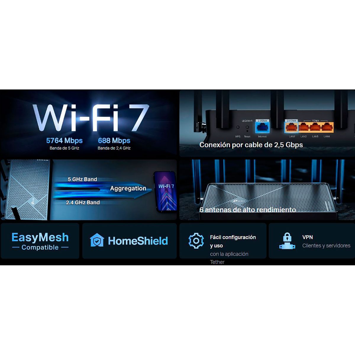 TP LINK - TP-LINK Archer BE400 BE6500 Wi-Fi 7 Router Doble Banda Easy Mesh