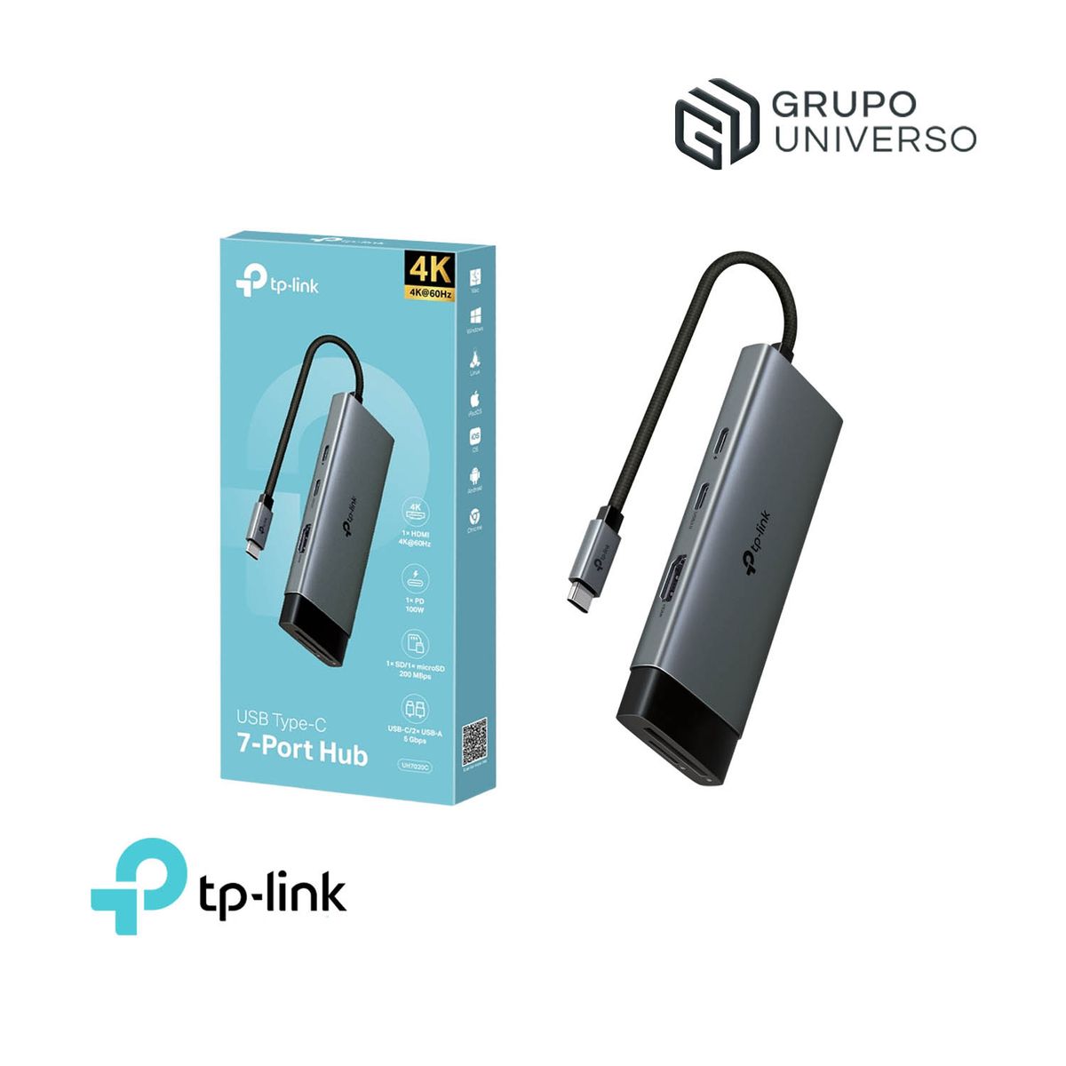TP LINK - Hub UH7020C Tp-Link USB Tipo-C 7 puertos en 1 puertos HDMI 4K a 60 Hz