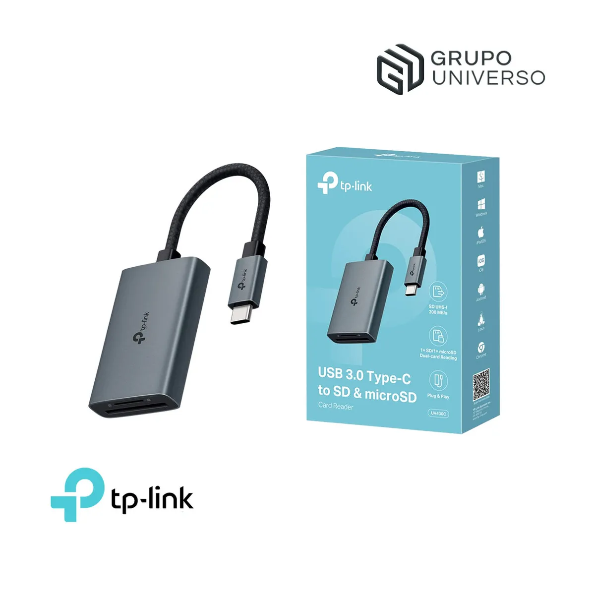 TP LINK - Lector de tarjetas UA430C Tp-Link USB Tipo-C a SD y microSD