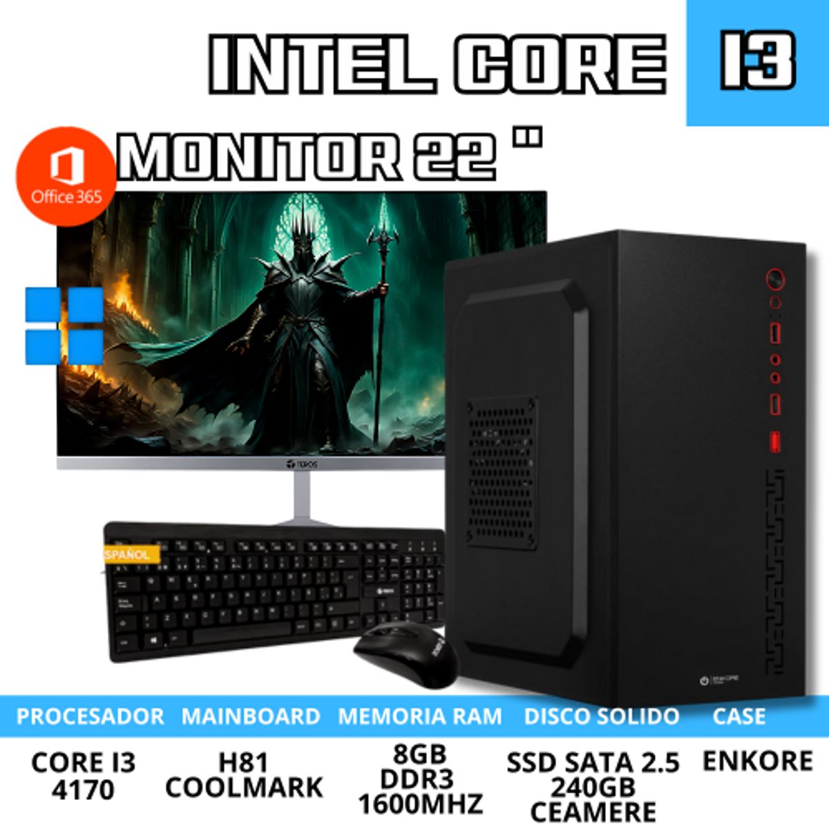 INTEL - PC DE OFICINA CORE I3/ 8GB RAM/ SSD 240GB Y MONITOR DE 22 PULGADAS